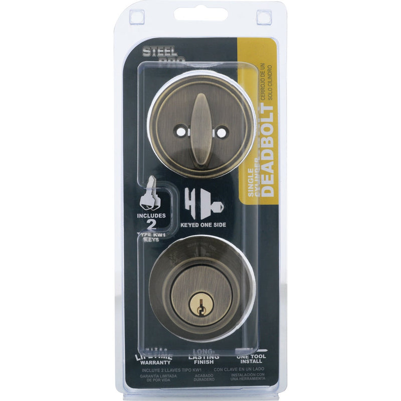 Steel Pro Antique Brass Single Cylinder Deadbolt