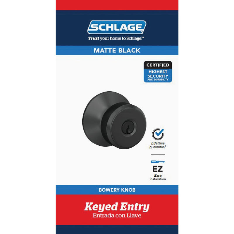 Schlage Bowery Matte Black Restoring Keyed Entry Door Knob