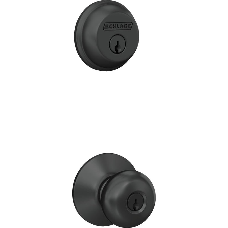 Schlage Matte Black Single Cylinder Deadbolt and Plymouth Keyed Entry Knob