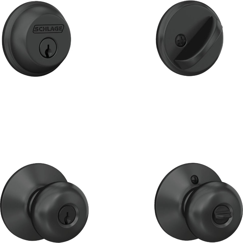 Schlage Matte Black Single Cylinder Deadbolt and Plymouth Keyed Entry Knob