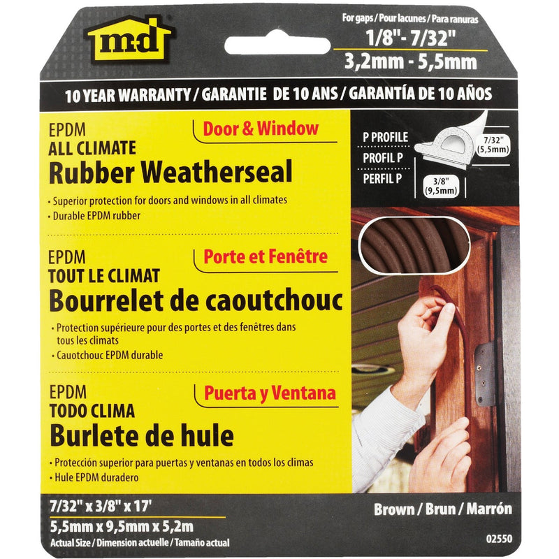 M-D Brown 17' 3/8"  Extreme Temp Medium Gap Rubber Weatherstrip, Brown