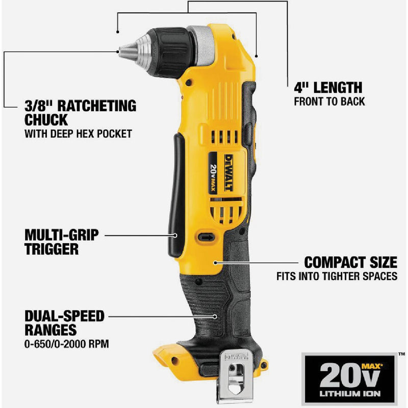 DEWALT 20V MAX 3/8 In. Cordless Right Angle Drill/Driver (Tool Only)