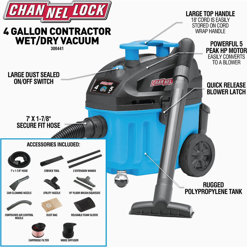 Channellock 4 Gal. 5.0-Peak HP Contractor Wet/Dry Vacuum