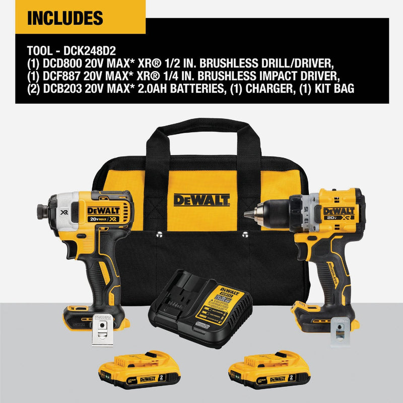 DEWALT 20V MAX XR 2-Tool Brushless Cordless Drill/Driver & Impact Driver Combo Kit with (2) 2.0 Ah Batteries & Charger