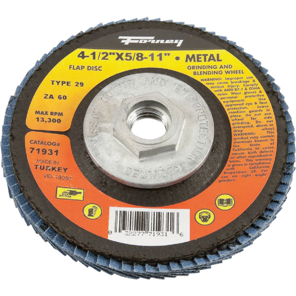 Forney 4-1/2 In. x 5/8 In.-11 60-Grit Type 29 Blue Zirconia Angle Grinder Flap Disc