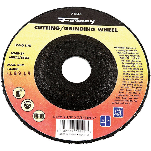 Forney Type 27 4-1/2 In. x 1/8 In. x 7/8 In. Metal/Steel Grinding Cut-Off Wheel