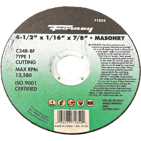 Forney Type 1 4-1/2 In. x 1/16 In. x 7/8 In. Masonry Cut-Off Wheel