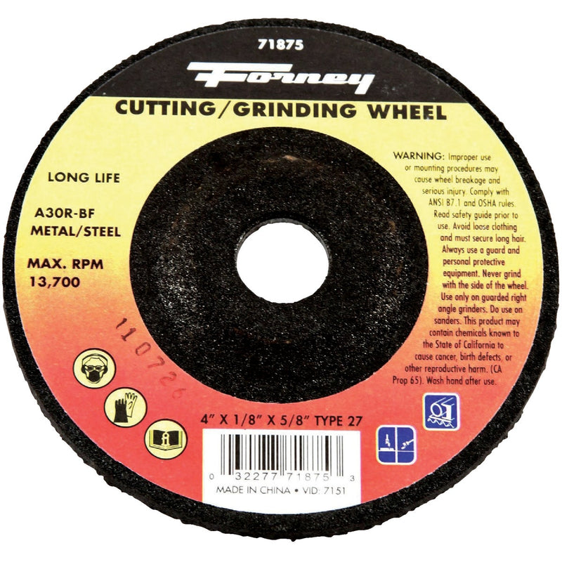 Forney Type 27 4 In. x 1/8 In. x 5/8 In. Metal/Steel Grinding Cut-Off Wheel