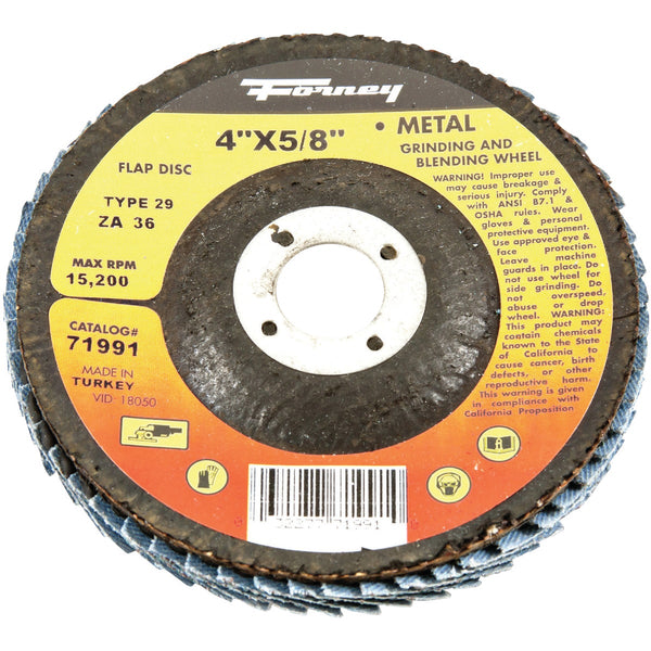 Forney 4 In. x 5/8 In. 36-Grit Type 29 Blue Zirconia Angle Grinder Flap Disc