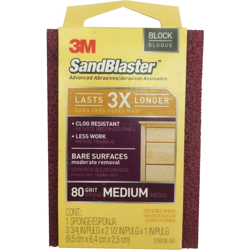 3M SandBlaster 2-1/2 In. x 3-3/4 In. x 1 In. Bare Surfaces Medium Sanding Sponge, 80 Grit