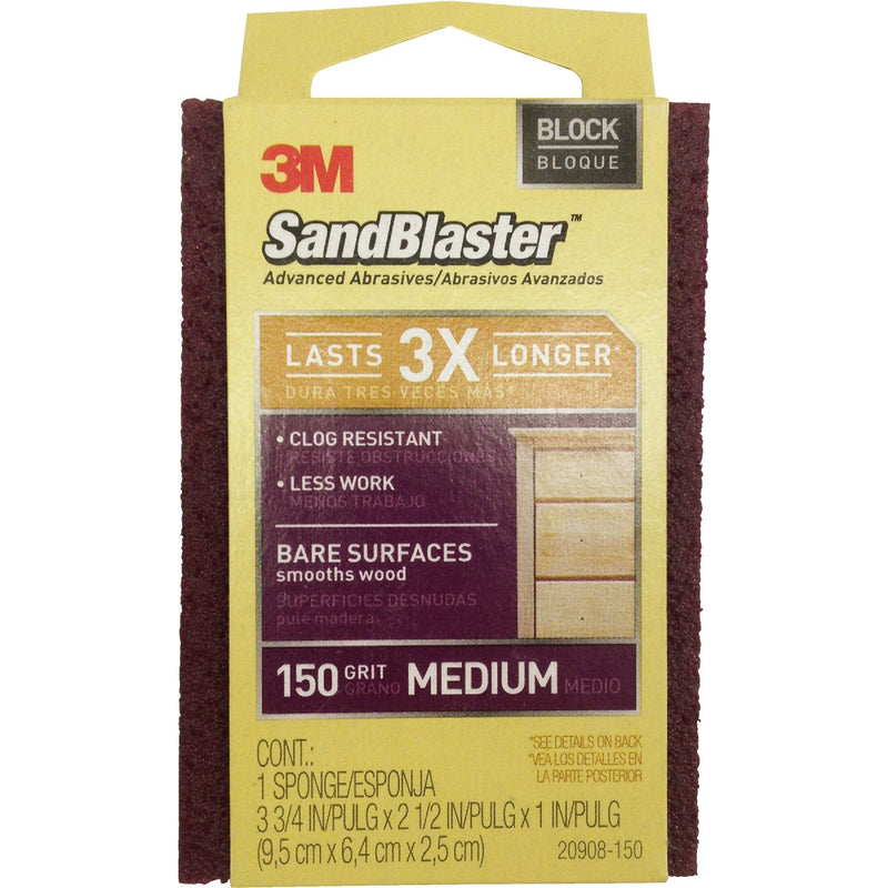 3M SandBlaster 2-1/2 In. x 3-3/4 In. x 1 In. Bare Surfaces Medium Sanding Sponge, 150 Grit