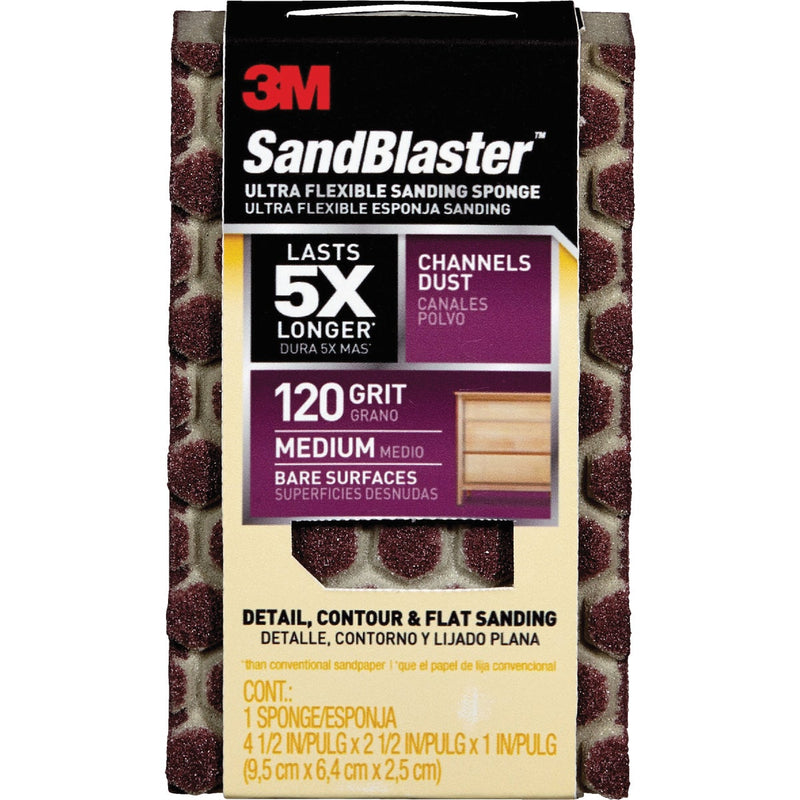 3M SandBlaster 2-1/2 In. x 4-1/2 In. x 1 In. Ultra Flexible Medium Sanding Sponge, 120 Grit
