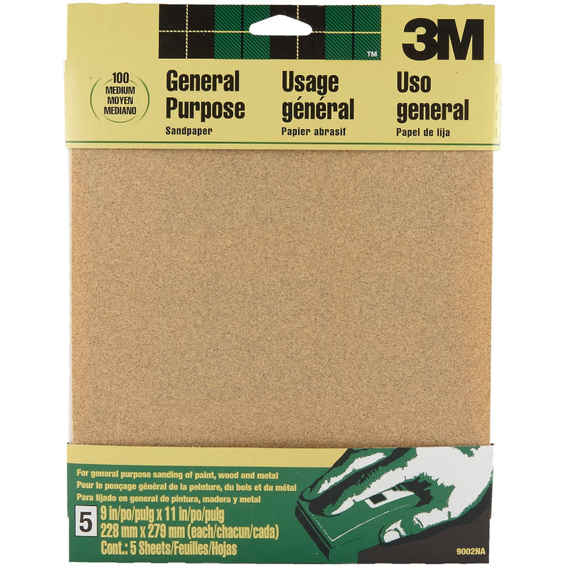 3M 9 In. x 11 In. General Purpose Medium Sandpaper, 100 Grit (5-Pack)