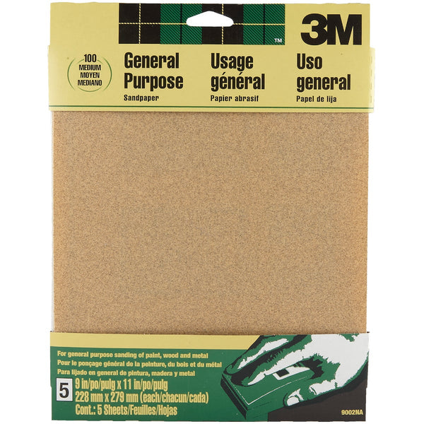 3M 9 In. x 11 In. General Purpose Medium Sandpaper, 100 Grit (5-Pack)