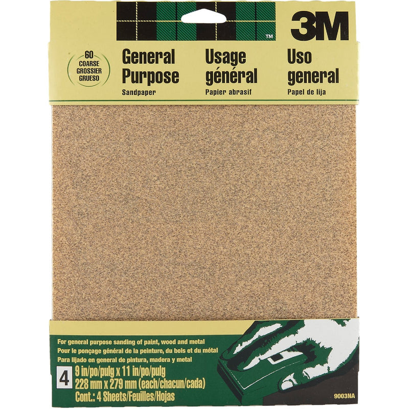 3M 9 In. x 11 In. General Purpose Coarse Sandpaper, 60 Grit (4-Pack)