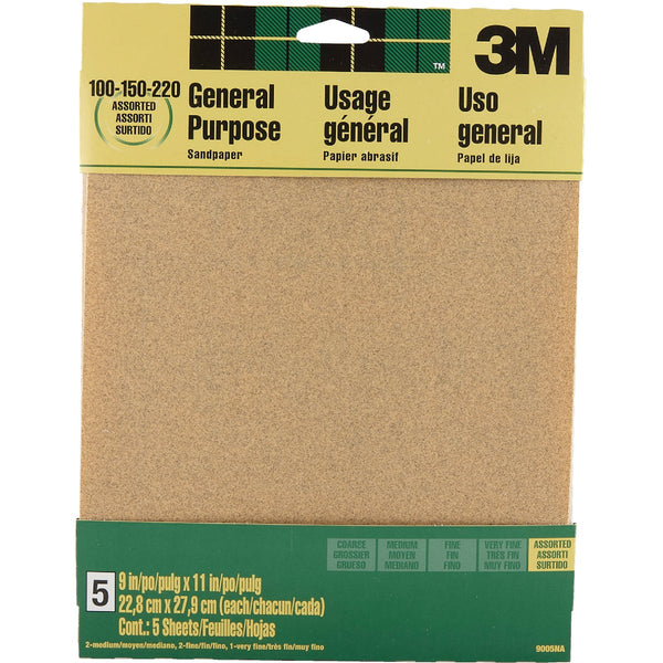 3M 9 In. x 11 In. General Purpose Sandpaper, Assorted Grit (5-Pack)