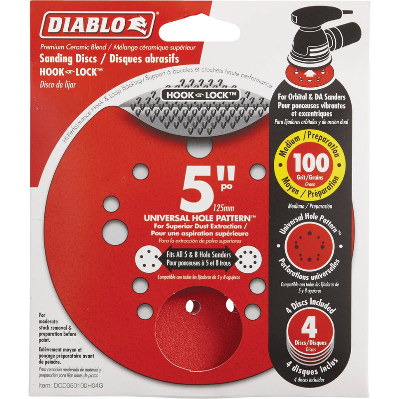 Diablo 5 In. 100-Grit Universal Hole Pattern Vented Sanding Disc with Hook and Lock Backing (4-Pack)