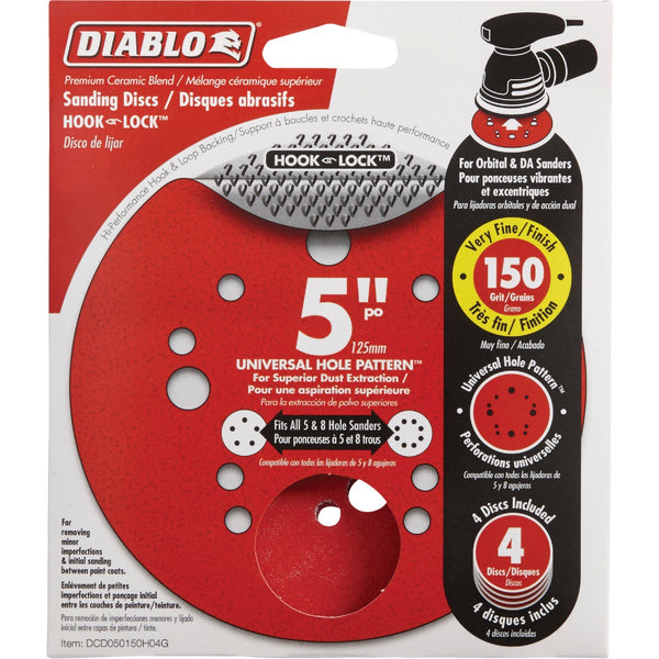 Diablo 5 In. 150-Grit Universal Hole Pattern Vented Sanding Disc with Hook and Lock Backing (4-Pack)