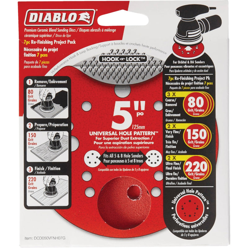 Diablo 5 In. Assorted (80/150/220-Grit) Universal Hole Pattern Vented Sanding Disc with Hook and Lock Backing (7-Pack)
