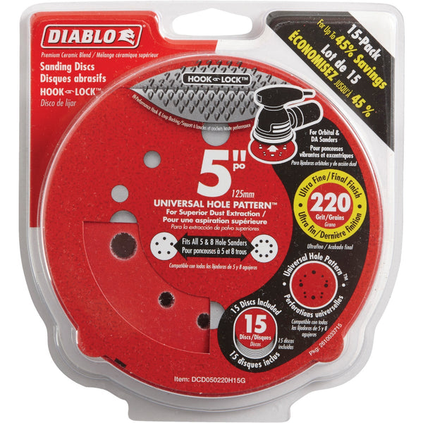 Diablo 5 In. 220-Grit Universal Hole Pattern Vented Sanding Disc with Hook and Lock Backing (15-Pack)