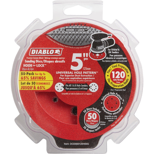 Diablo 5 In. 120-Grit Universal Hole Pattern Vented Sanding Disc with Hook and Lock Backing (50-Pack)