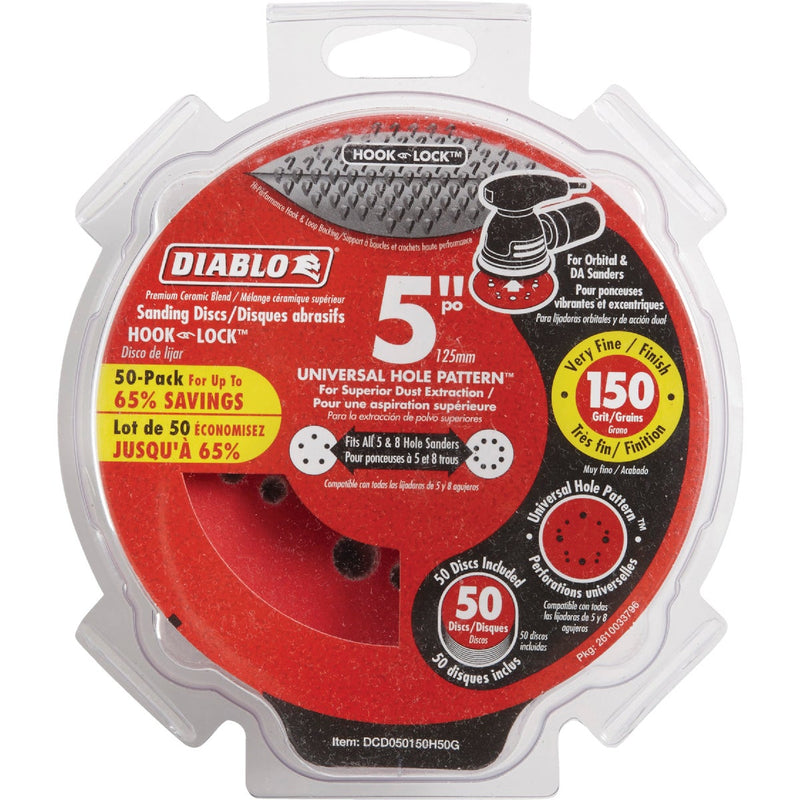 Diablo 5 In. 150-Grit Universal Hole Pattern Vented Sanding Disc with Hook and Lock Backing (50-Pack)