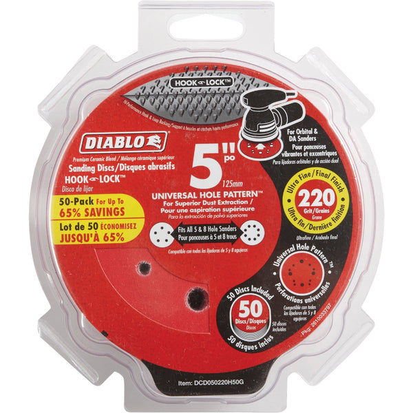 Diablo 5 In. 220-Grit Universal Hole Pattern Vented Sanding Disc with Hook and Lock Backing (50-Pack)
