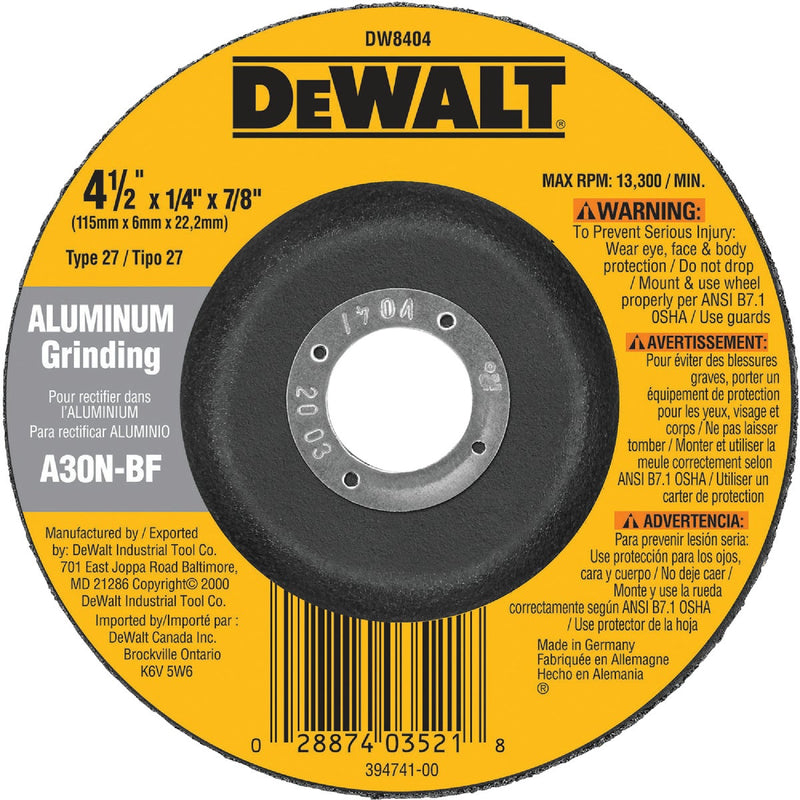 DEWALT HP Type 27 4-1/2 In. x 1/4 In. x 7/8 In. Aluminum Grinding Cut-Off Wheel