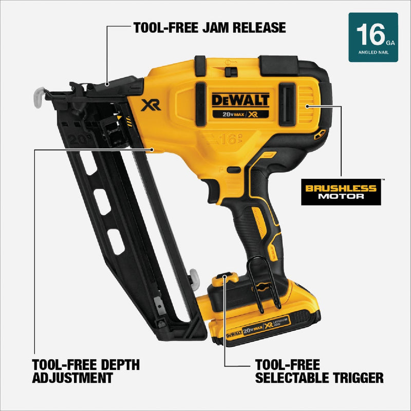 DEWALT 20V MAX XR Brushless 16-Gauge 2-1/2 In. Angled Cordless Finish Nailer Kit with 2.0 Ah Battery & Charger