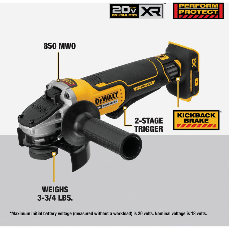 DEWALT 20V MAX XR 4-1/2 In. Brushless Small Cordless Angle Grinder with Paddle Switch (Tool Only)