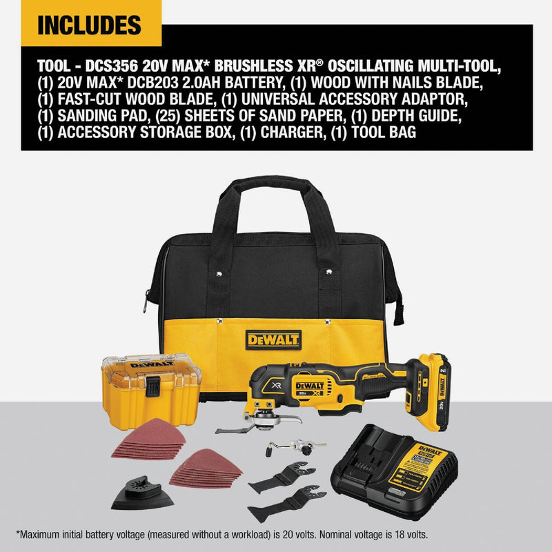 DEWALT 20V XR Brushless 3-Speed Cordless Oscillating Multi-Tool Kit with 2.0 Ah Battery & Charger