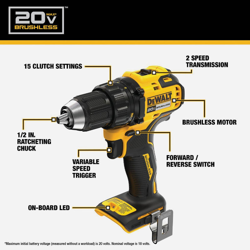 DEWALT 20V MAX Brushless 1/2 In. Compact Cordless Drill/Driver Kit with 2.0 Ah Battery & Charger