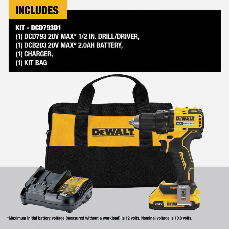 DEWALT 20V MAX Brushless 1/2 In. Compact Cordless Drill/Driver Kit with 2.0 Ah Battery & Charger