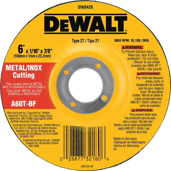 DEWALT HP Type 27 6 In.x  0.045 In. x 7/8 In. Metal/Stainless Cut-Off Wheel