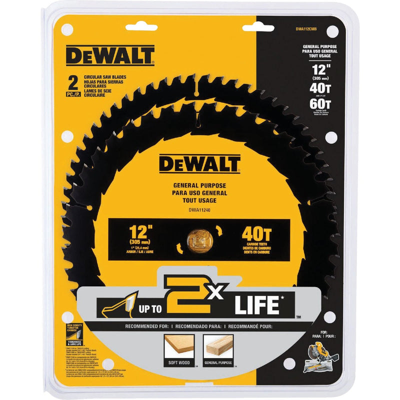 DEWALT 12 In. 40-Tooth General Purpose & 60-Tooth Fine Finish Wood Circular Saw Blade Set (2-Pack)