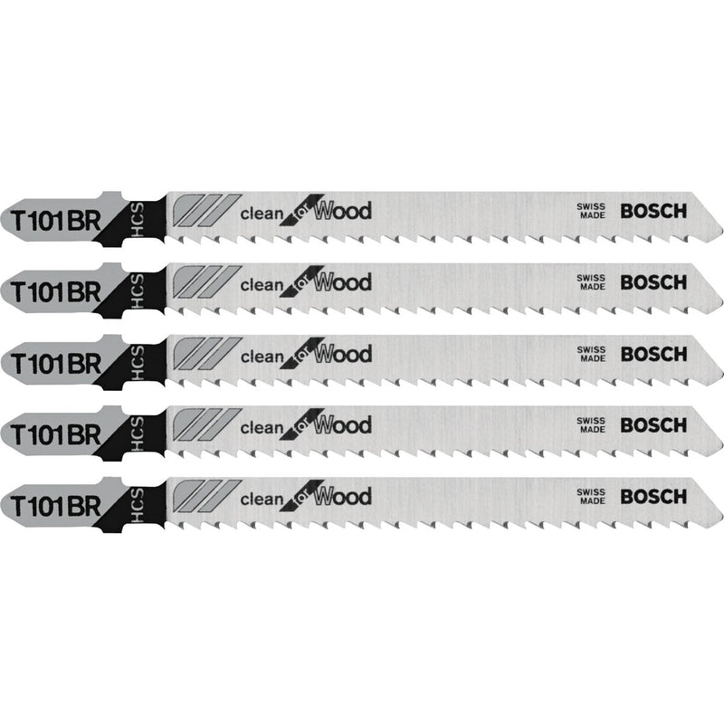 Bosch T-Shank 4 In. x 10 TPI High Carbon Steel Reverse Pitch Jig Saw Blade, Clean for Wood (5-Pack)