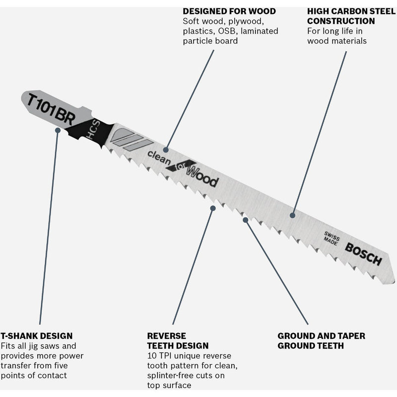 Bosch T-Shank 4 In. x 10 TPI High Carbon Steel Reverse Pitch Jig Saw Blade, Clean for Wood (5-Pack)