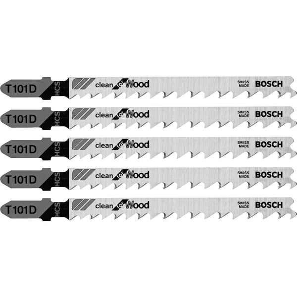 Bosch T-Shank 4 In. x 6 TPI High Carbon Steel Jig Saw Blade, Clean for Wood (5-Pack)