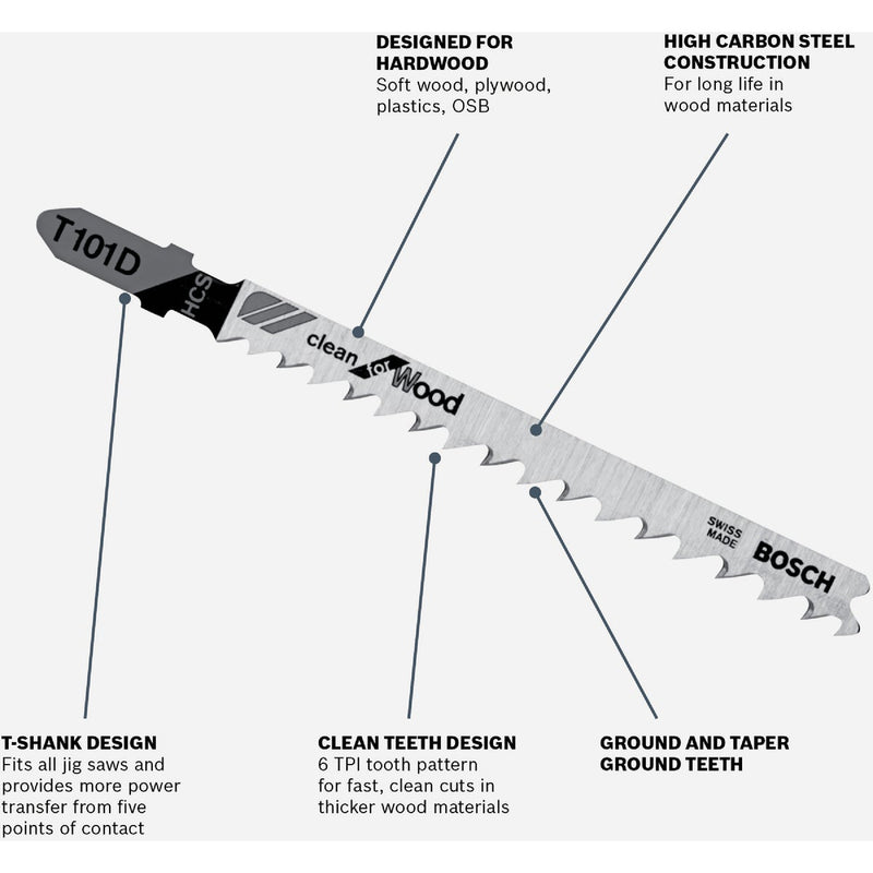 Bosch T-Shank 4 In. x 6 TPI High Carbon Steel Jig Saw Blade, Clean for Wood (5-Pack)