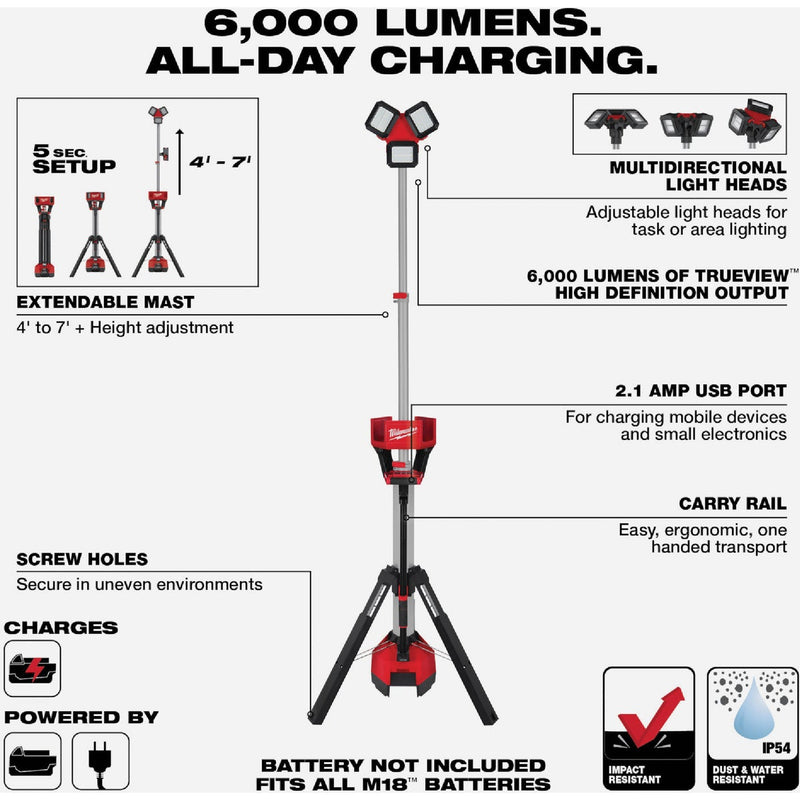 Milwaukee M18 ROCKET 18 Volt Lithium-Ion LED Tower Corded/Cordless Work Light/Charger (Tool Only)