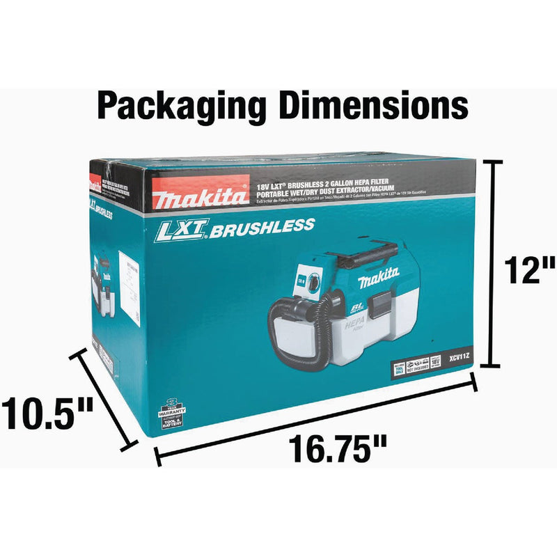 Makita 18 Volt LXT 2 Gal. Lithium-Ion Brushless Cordless Wet/Dry Vacuum (Tool Only)