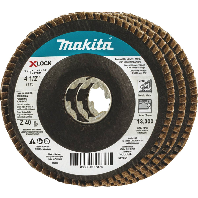 Makita X-LOCK 4-1/2 In. x 7/8 In. 40-Grit Type 29 Zirconia Angle Grinder Flap Disc (3-Pack)