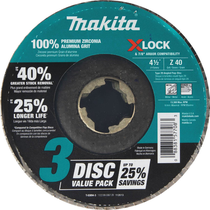 Makita X-LOCK 4-1/2 In. x 7/8 In. 40-Grit Type 29 Zirconia Angle Grinder Flap Disc (3-Pack)