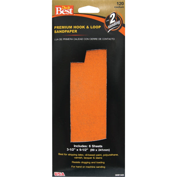 Do it Best 3-1/2 In. x 9-1/2 In. 120G Premium Hook And Loop Sandpaper (6 Count)