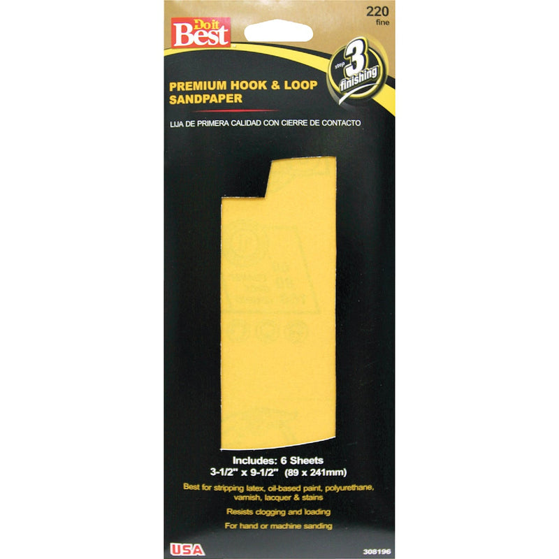 Do it Best 3-1/2 In. x 9-1/2 In. 220G Premium Hook And Loop Sandpaper (6 Count)