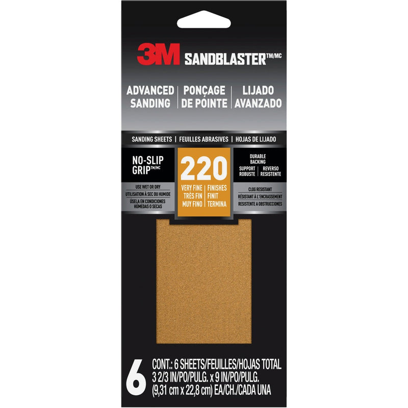 3M SandBlaster 3-2/3 In. x 9 In. Advanced Sanding Sheets with No-Slip Grip, 220 Grit (6-Pack)