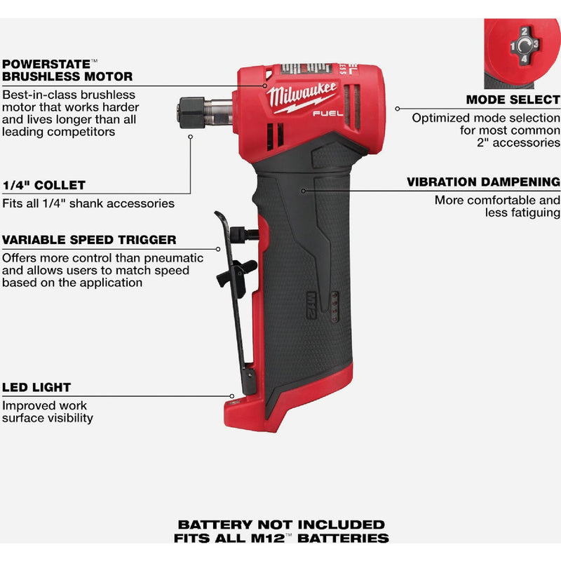 Milwaukee M12 FUEL 12 Volt Lithium-Ion Brushless 1/4 In. Right Angle Cordless Die Grinder (Tool Only)