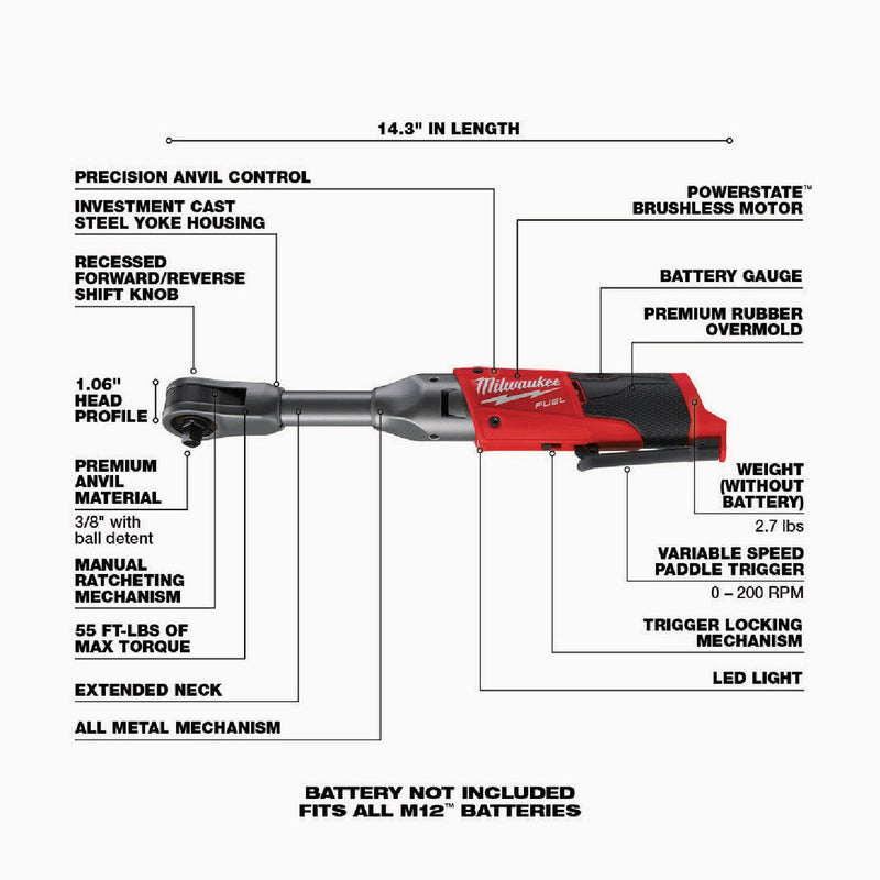 Milwaukee M12 FUEL 12-Volt Lithium-Ion Brushless 3/8 In. Extended Reach Cordless Ratchet (Tool Only)