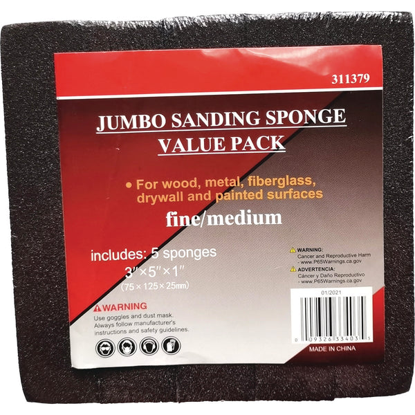 Jumbo All-Purpose 3 In. x 5 In. x 1 In. 80/120 Grit Fine/Medium Sanding Sponge (5-Pack)