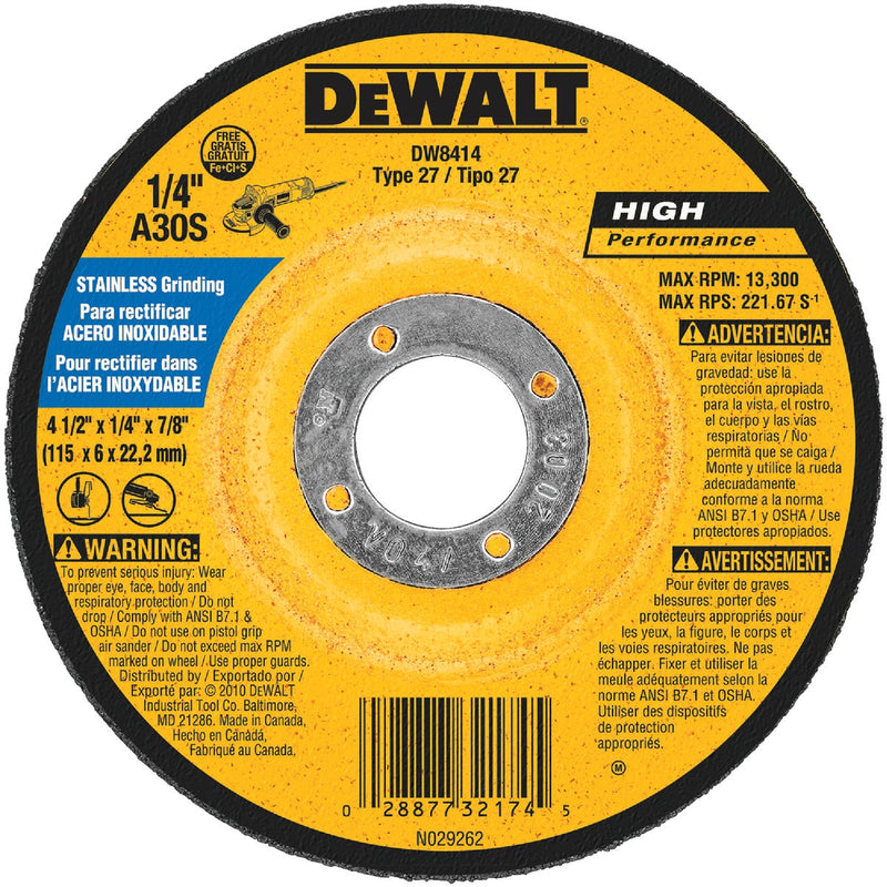 DEWALT HP Type 27 4-1/2 In. x 1/4 In. x 7/8 In. Stainless Grinding Cut-Off Wheel